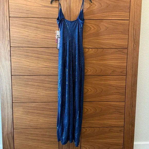 NWT Emerald Sundae Navy Sequin V-Neck Sheath Juniors Prom Dress High Slit - Sz M - Picture 7 of 9